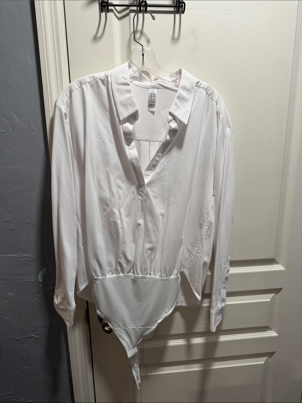 SPANX White Long-Sleeve Button-Front Bodysuit Shirt